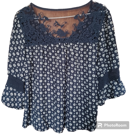 Womens Hannah Country Farm Flowy Peasant lace back Geometric blouse size S - Picture 2 of 6